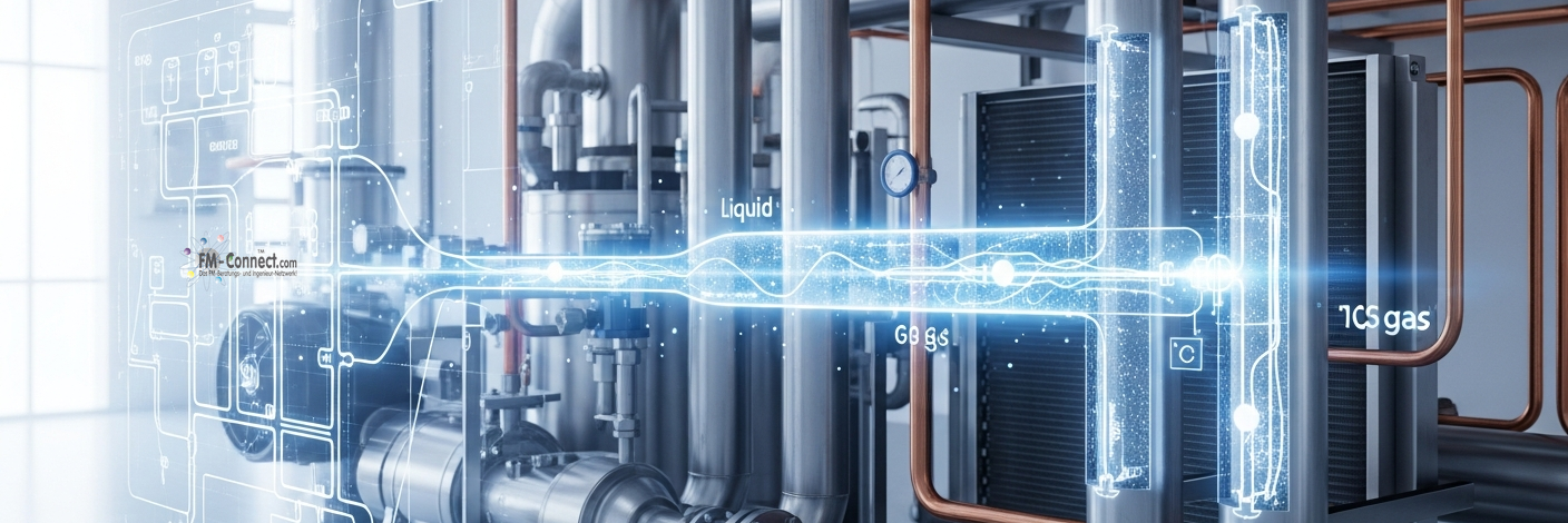 Technischer Kältekreis einer Klimaanlage mit Rohrleitungen, Expansionsventil und Drucksensoren für die effiziente Gebäudekühlung.