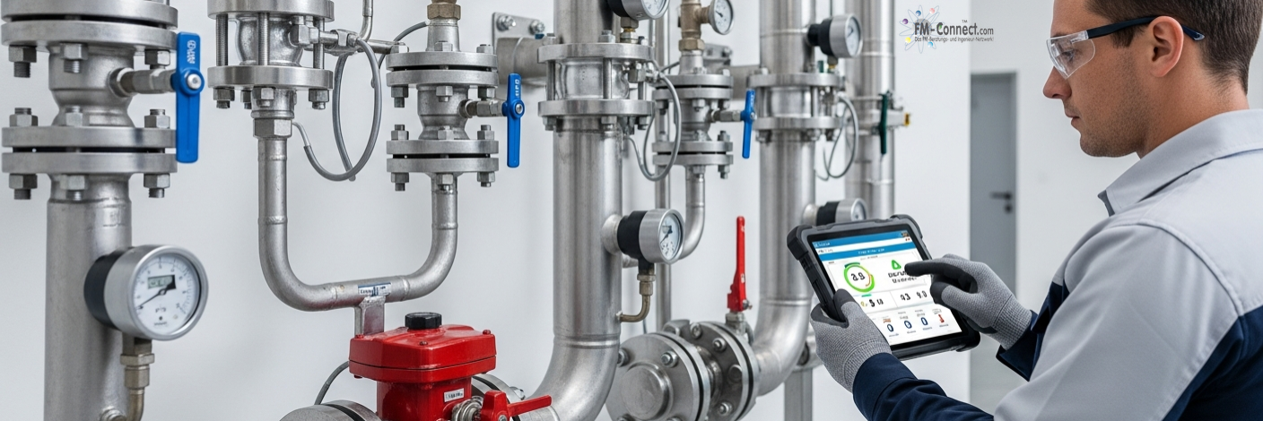 Ein Facility Manager bei der Inspektion einer Gasregelanlage, der Prüfplaketten kontrolliert und den sicheren Zustand der technischen Gebäudeausrüstung dokumentiert.