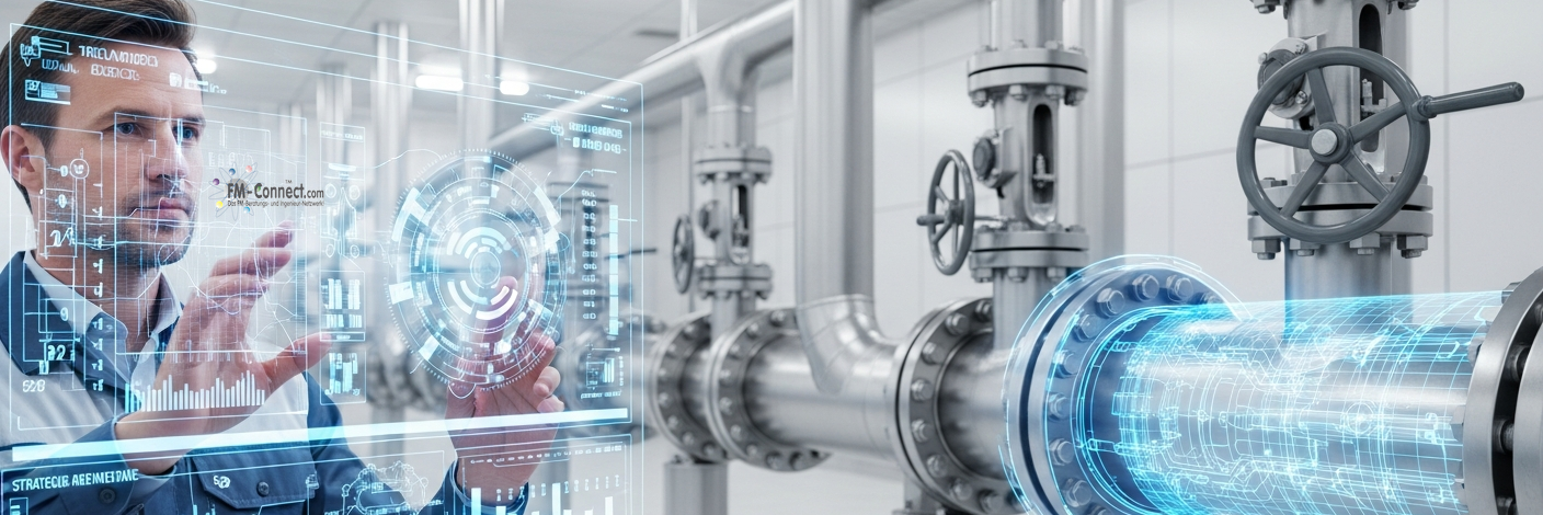 Technische Illustration einer Erdgasanlage mit Fokus auf Rohrleitungen, Sicherheitsarmaturen und die strategische Dokumentation